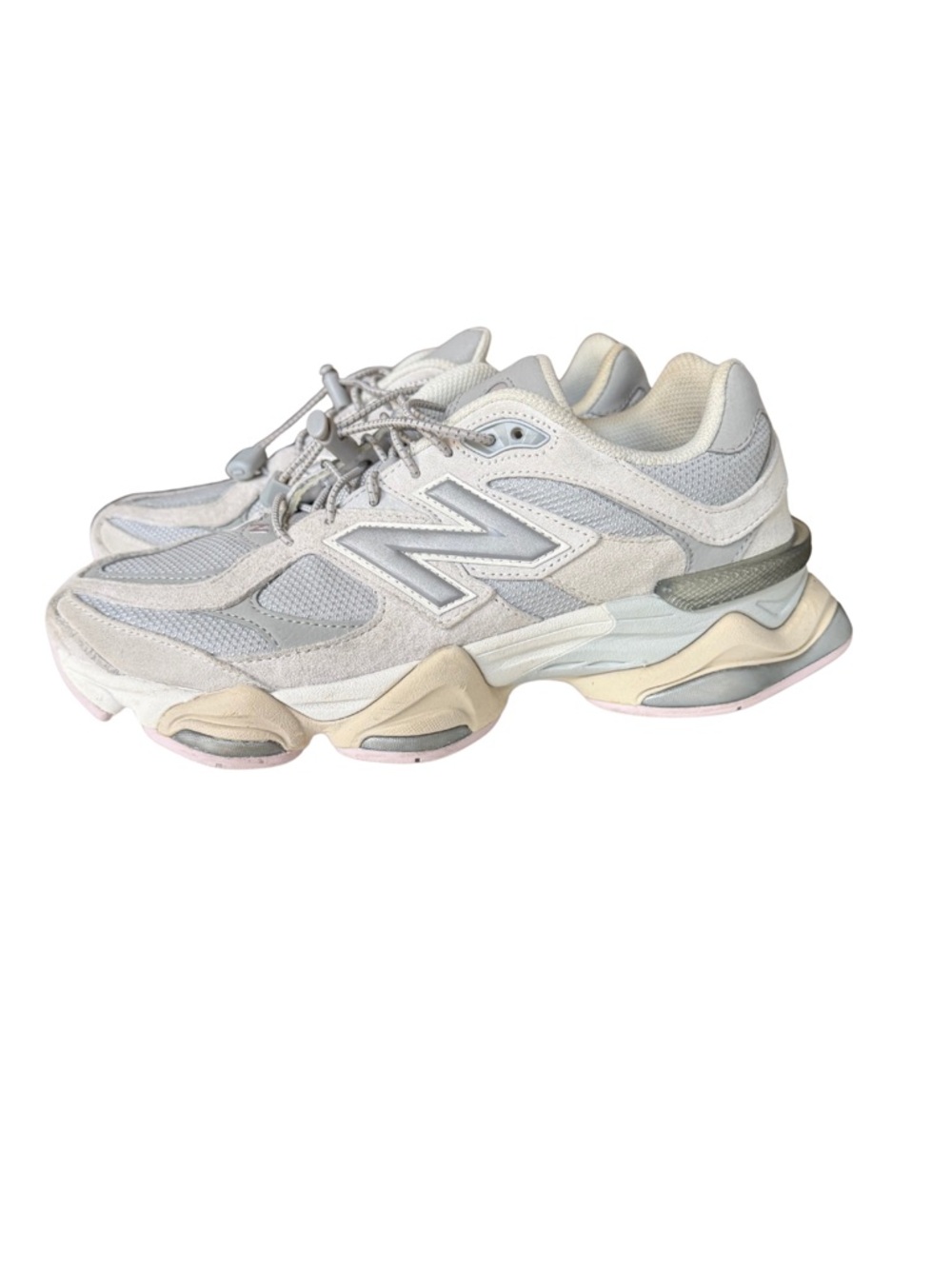 New Balance 9060 Women's Light Grey and White Chunky Sneakers with Pink Accents